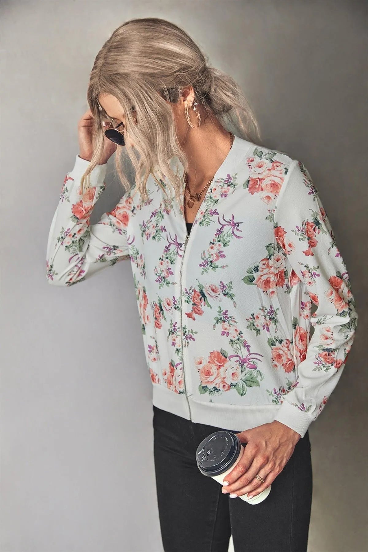 Long-Sleeve Floral Zipper Jacket for Women Jewelry Bubble