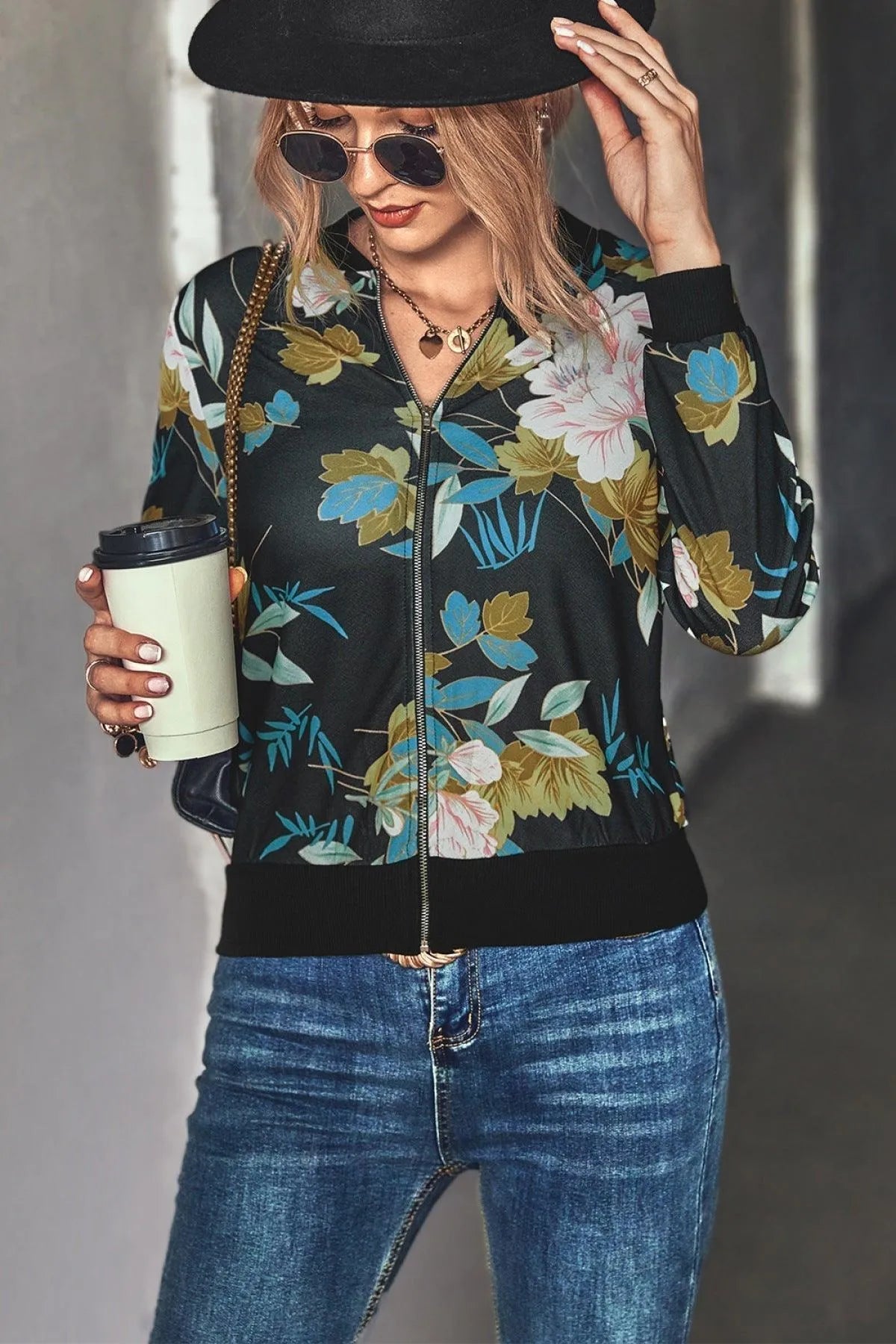 Long-Sleeve Floral Zipper Jacket for Women Jewelry Bubble