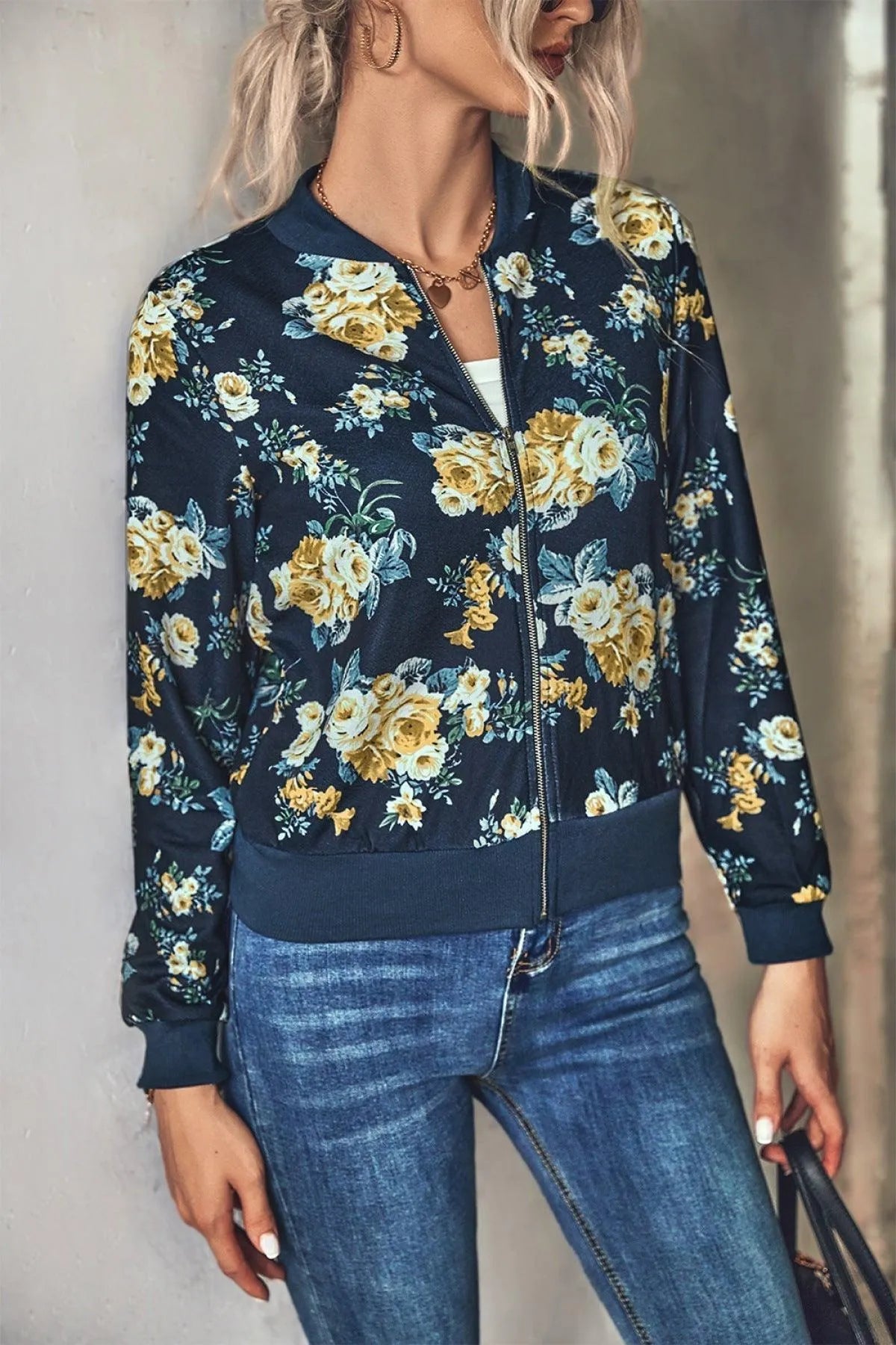 Long-Sleeve Floral Zipper Jacket for Women Jewelry Bubble