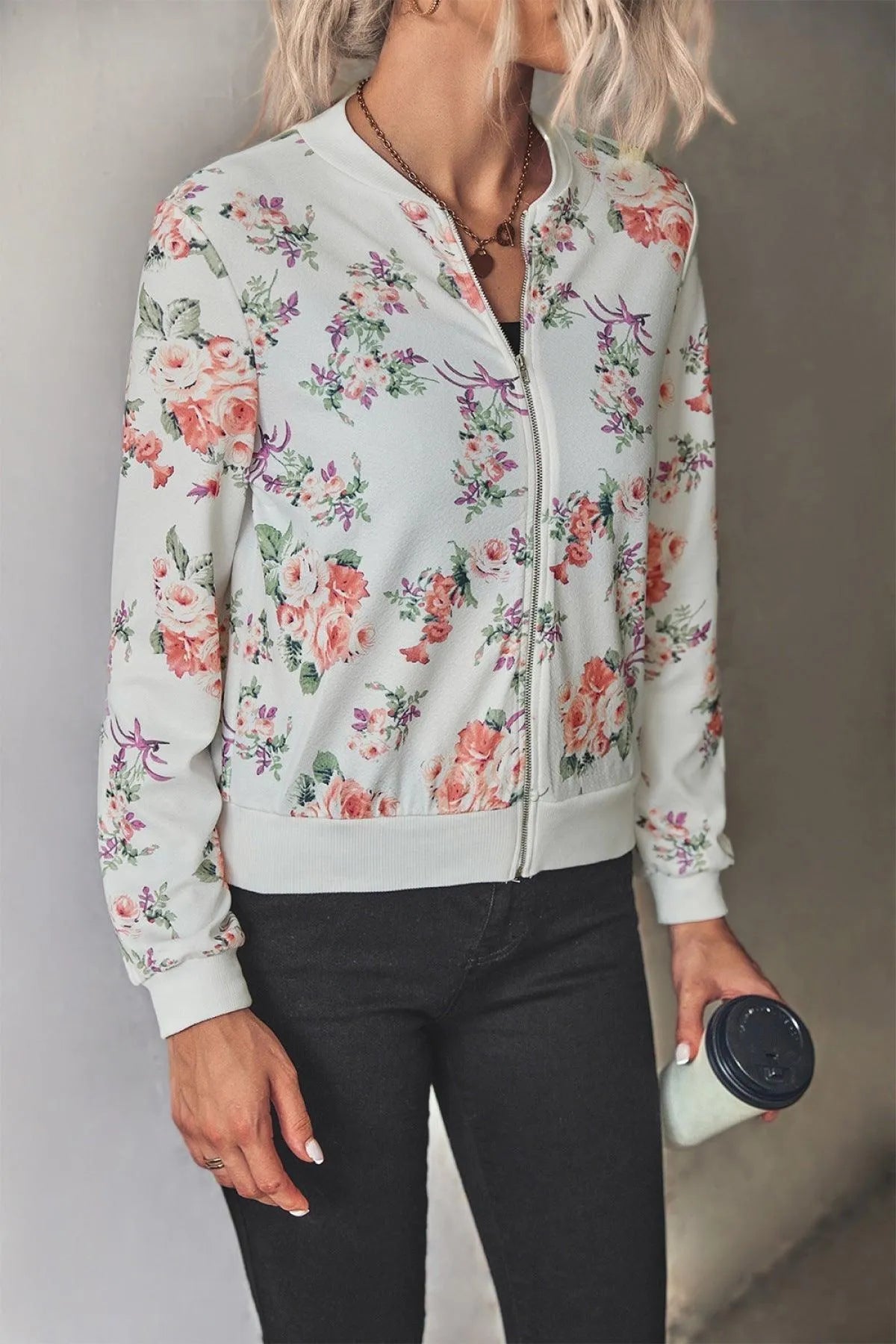 Long-Sleeve Floral Zipper Jacket for Women Jewelry Bubble