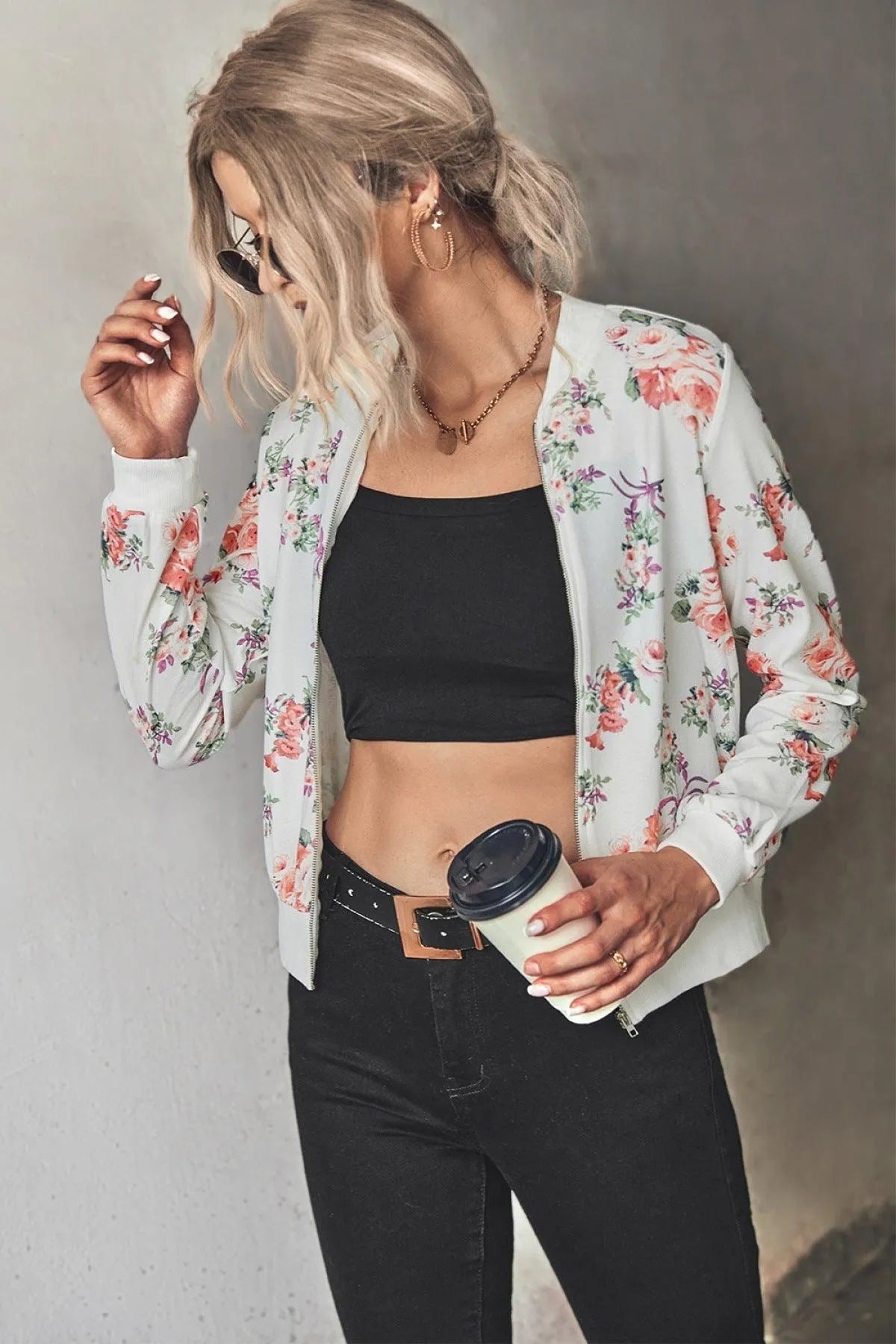 Long-Sleeve Floral Zipper Jacket for Women Jewelry Bubble
