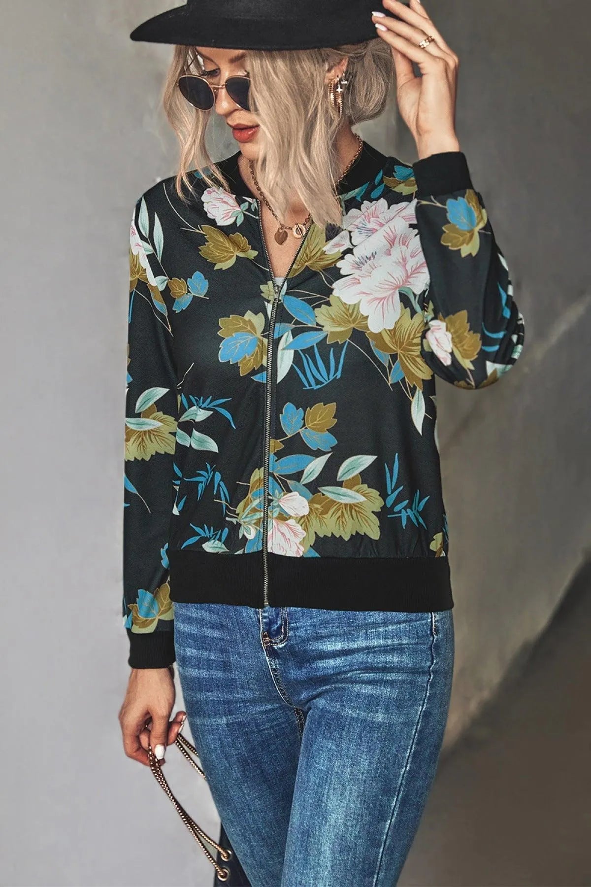 Long-Sleeve Floral Zipper Jacket for Women Jewelry Bubble