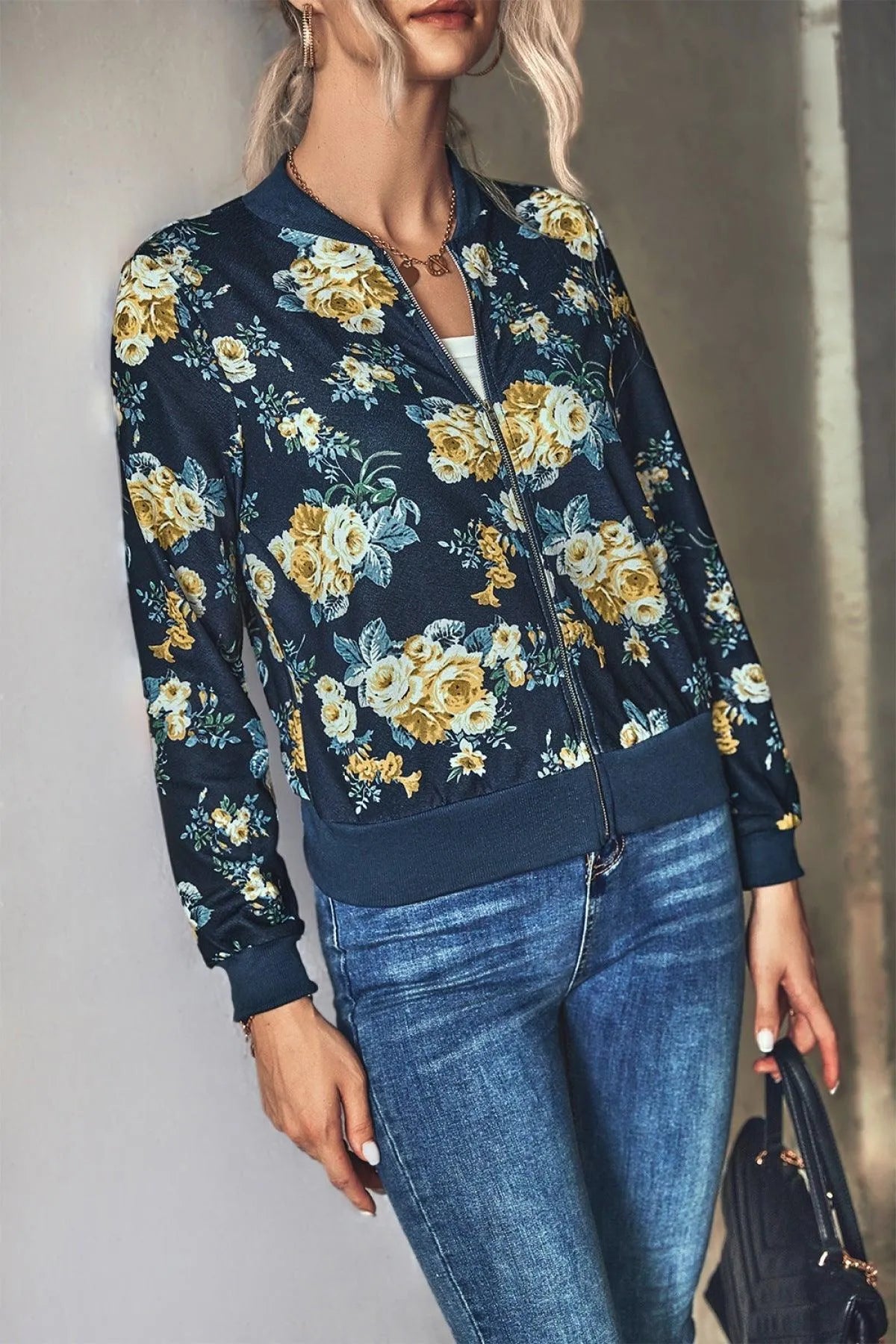 Long-Sleeve Floral Zipper Jacket for Women Jewelry Bubble