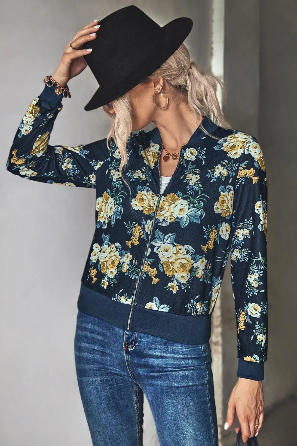 Long-Sleeve Floral Zipper Jacket for Women Jewelry Bubble