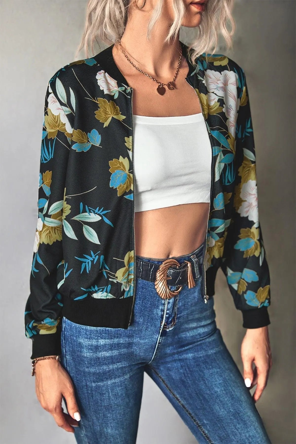 Long-Sleeve Floral Zipper Jacket for Women Jewelry Bubble
