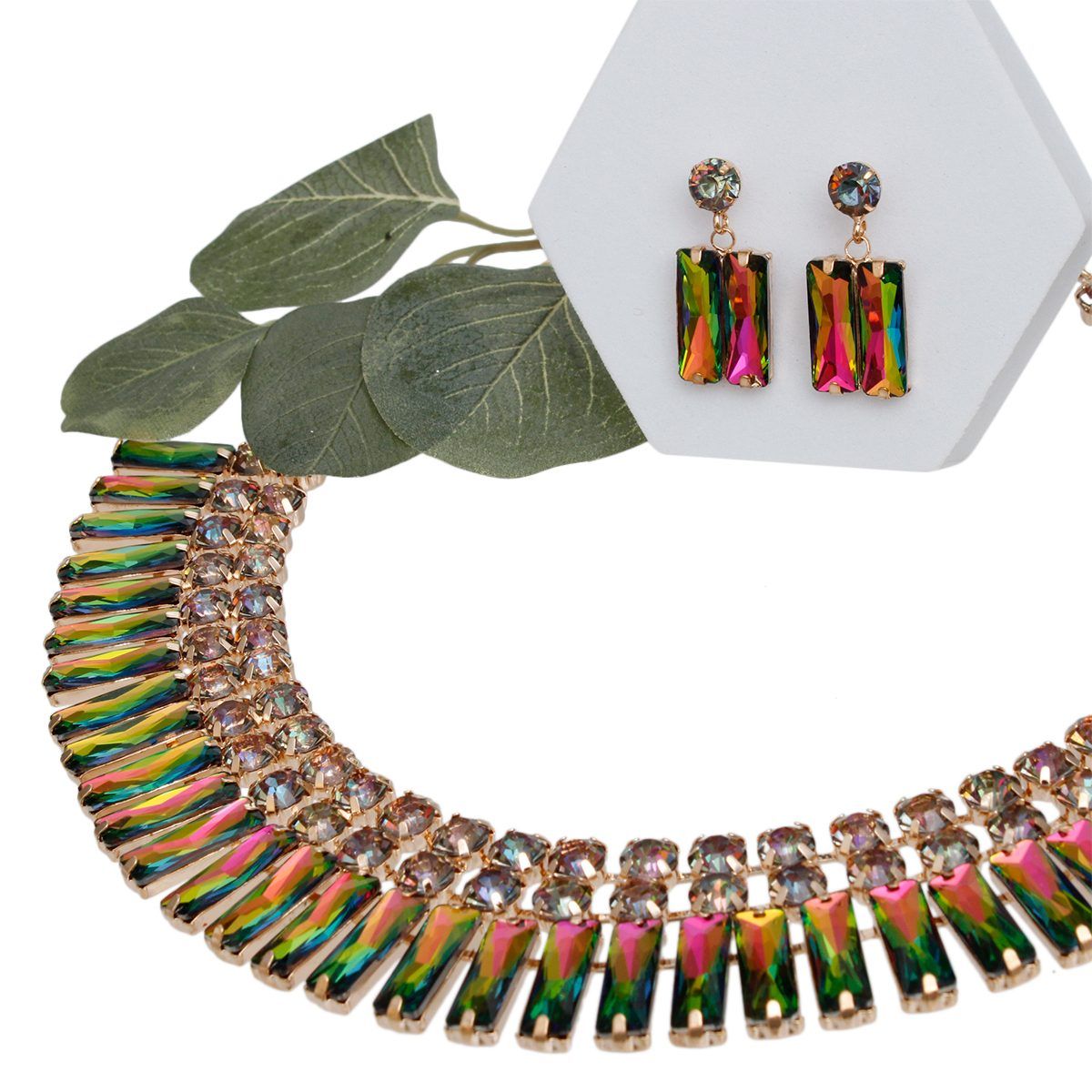 Mixed Pink Green Crystal Bib Necklace and Dangle Earring Set Pinktown