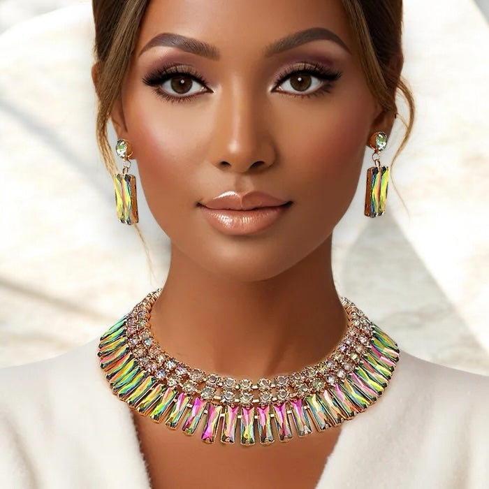 Mixed Pink Green Crystal Bib Necklace and Dangle Earring Set Pinktown