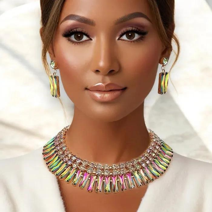 Mixed Pink Green Crystal Bib Necklace and Dangle Earring Set