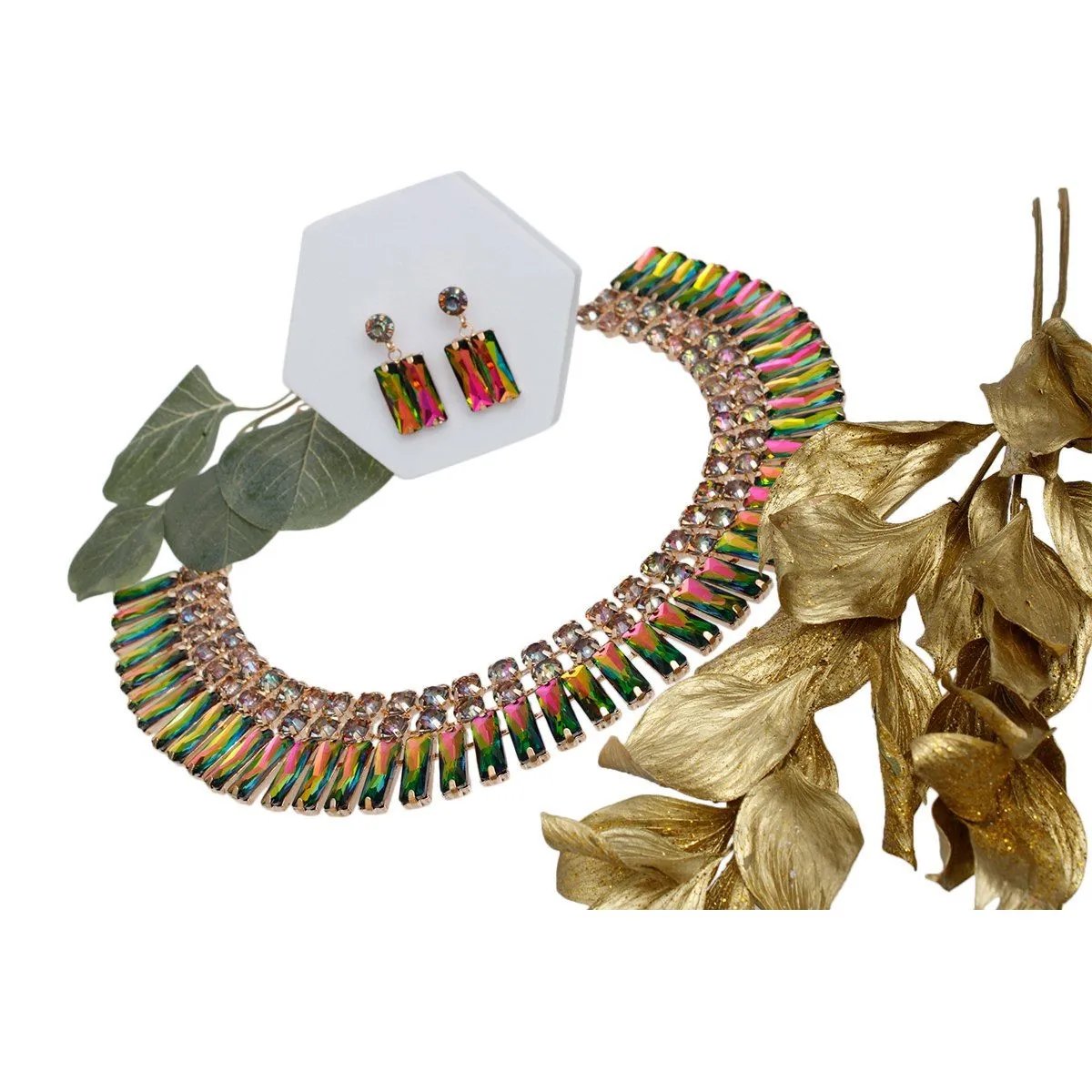 Mixed Pink Green Crystal Bib Necklace and Dangle Earring Set