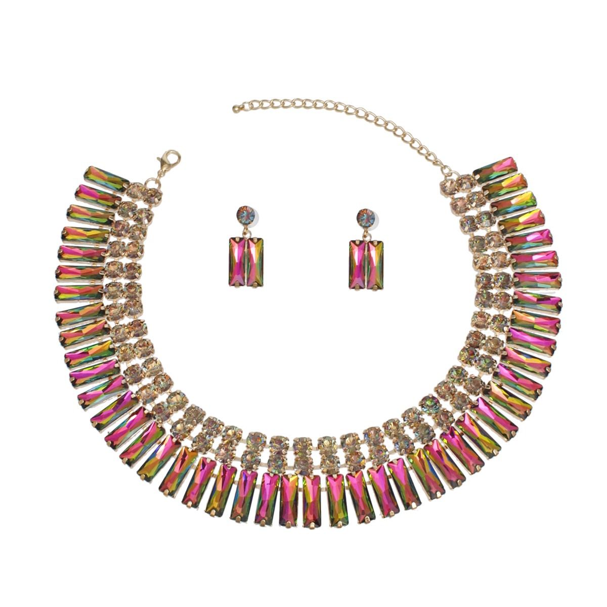 Mixed Pink Green Crystal Bib Necklace and Dangle Earring Set Pinktown