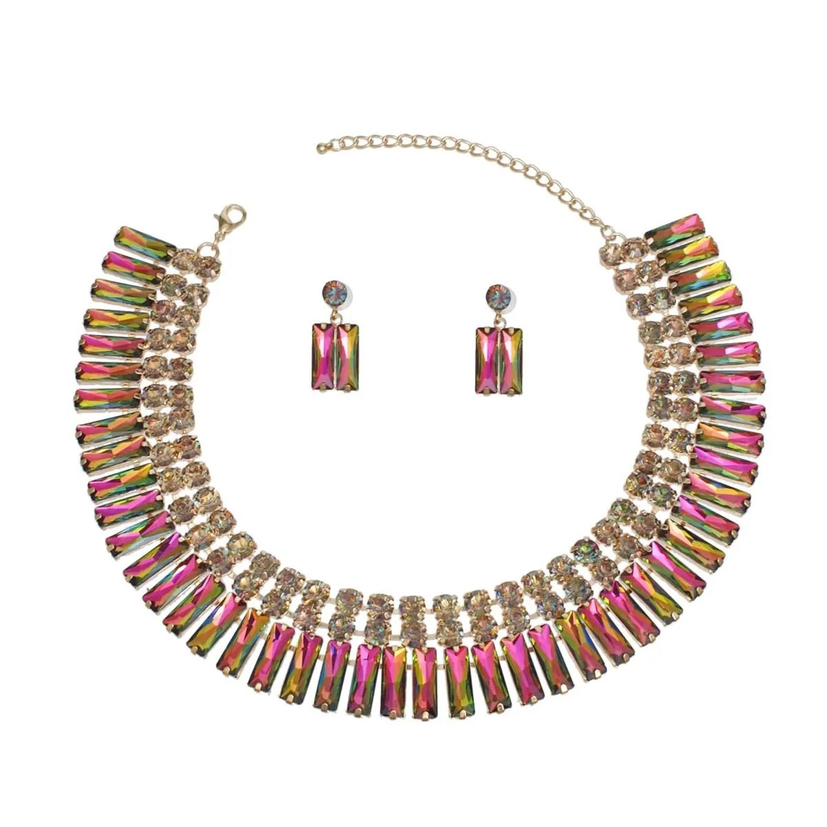 Mixed Pink Green Crystal Bib Necklace and Dangle Earring Set