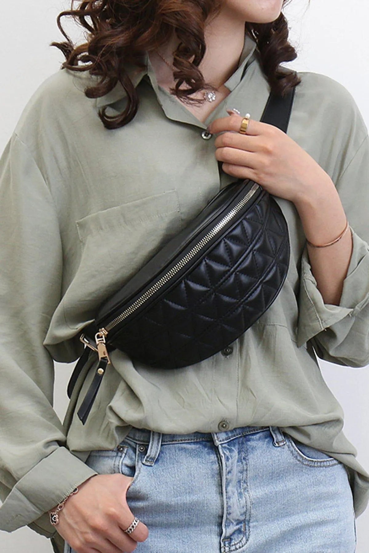 PU Leather Quilted Zipper Chest Bag Black Kiwidrop