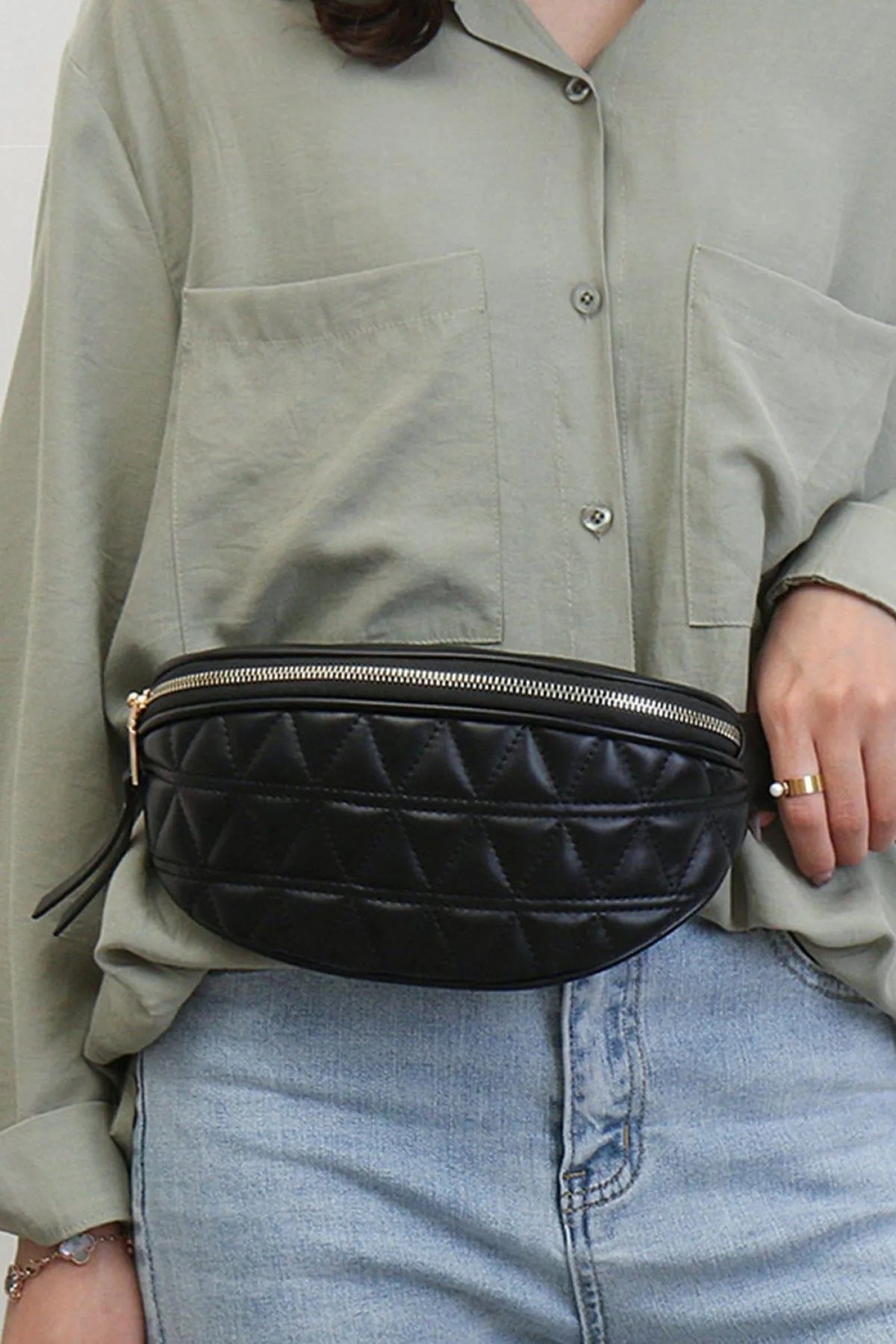 PU Leather Quilted Zipper Chest Bag Black Kiwidrop
