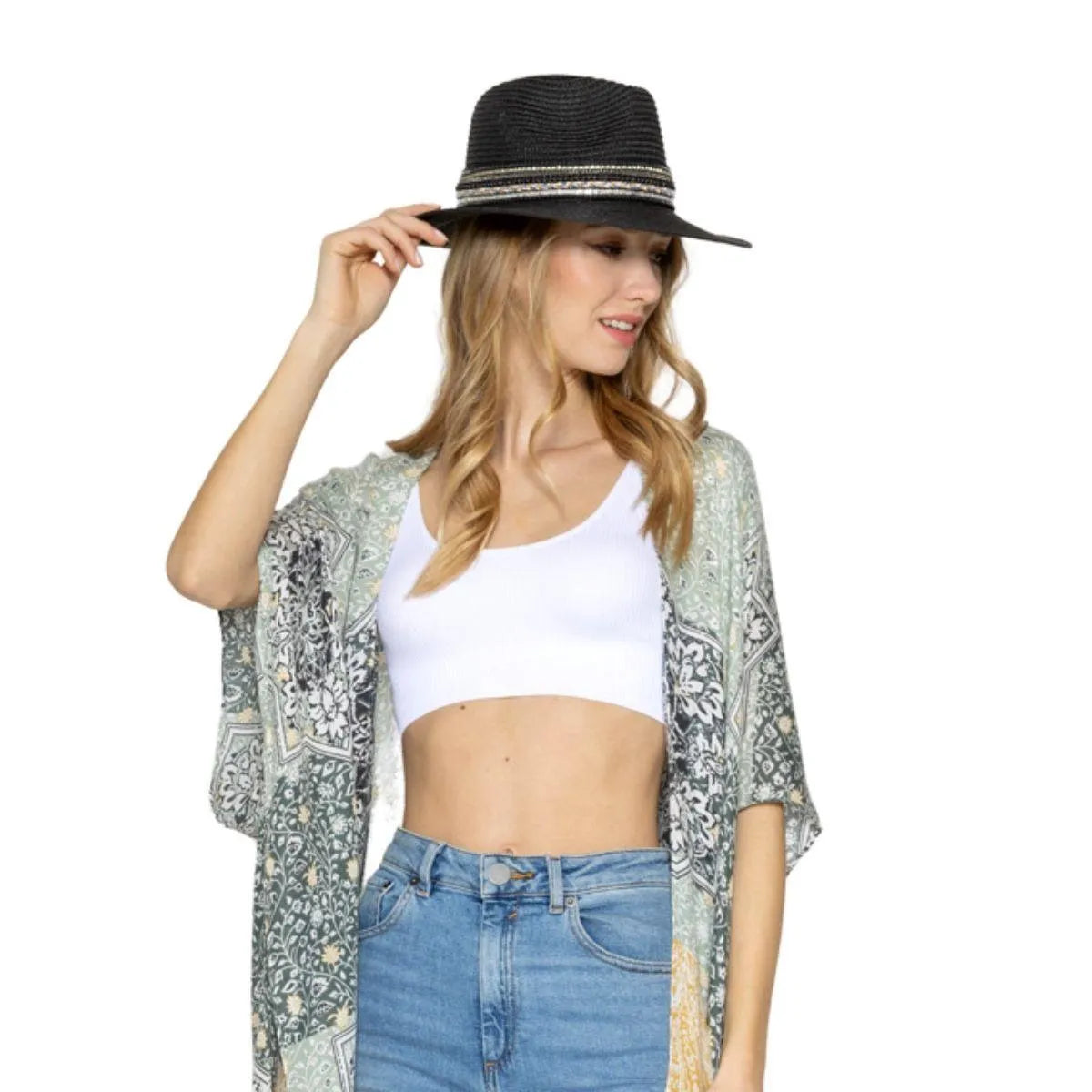 Panama Hat in Black for Women with Embellishments Pinktown