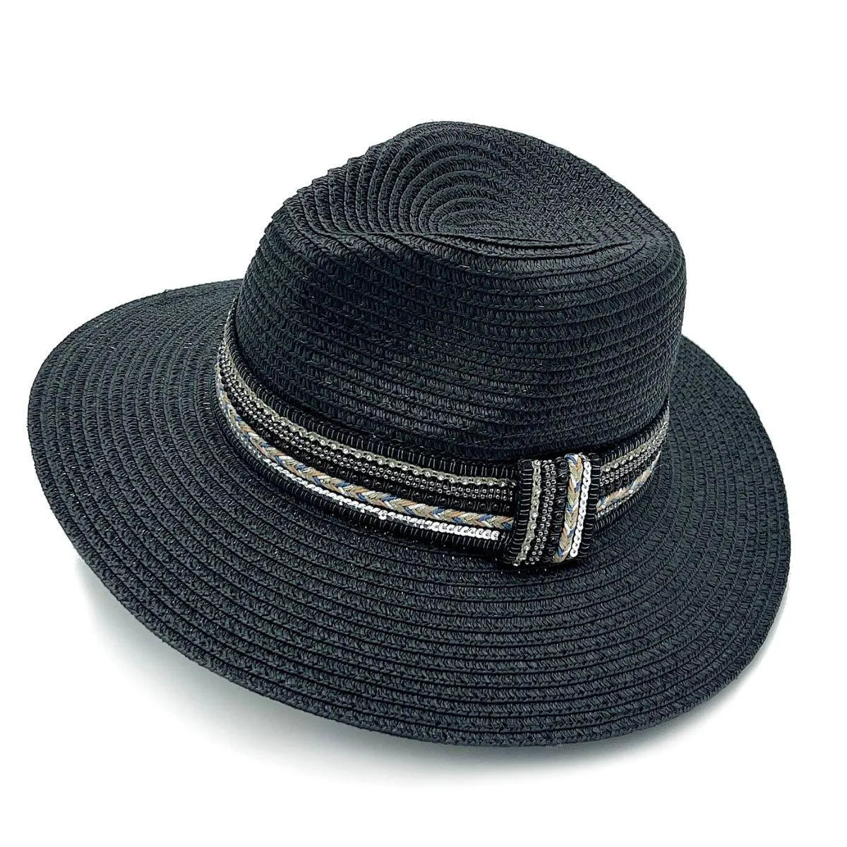 Panama Hat in Black for Women with Embellishments Pinktown
