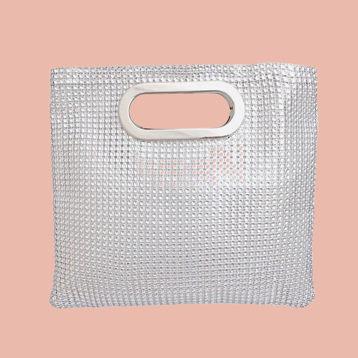 Women's Silver Rhinestone Mesh Clutch Handbag | Silver Handle and Square Design Pinktown