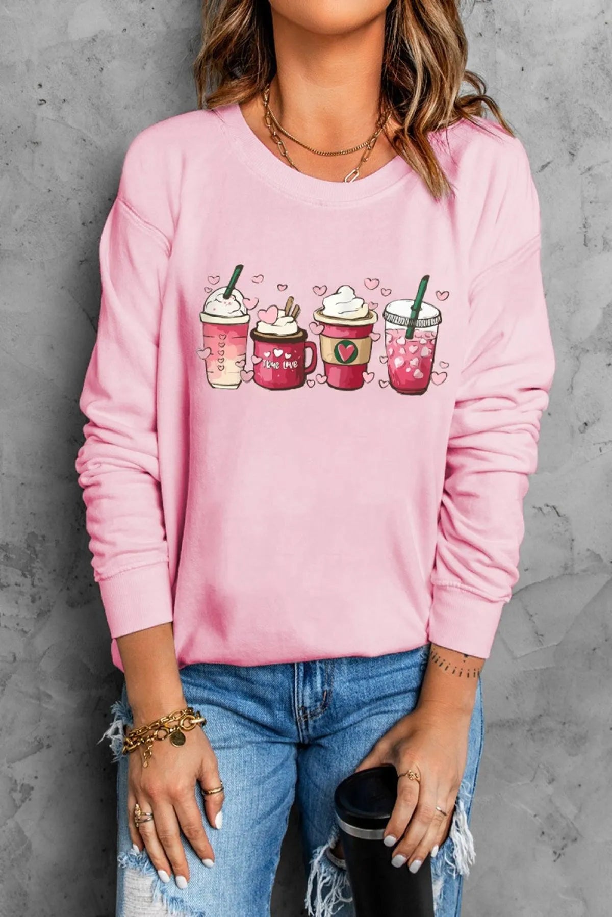 Pink Valentine Sweatshirt Sweet Drinking Graphic Print Jewelry Bubble