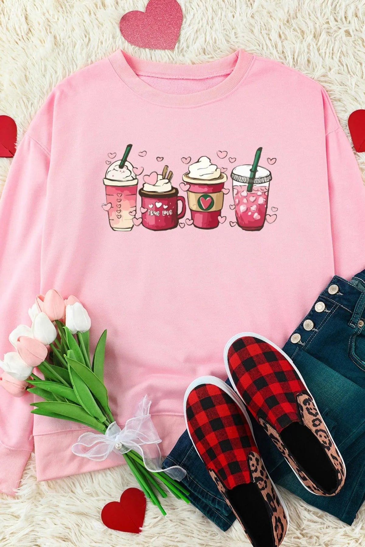Pink Valentine Sweatshirt Sweet Drinking Graphic Print Jewelry Bubble