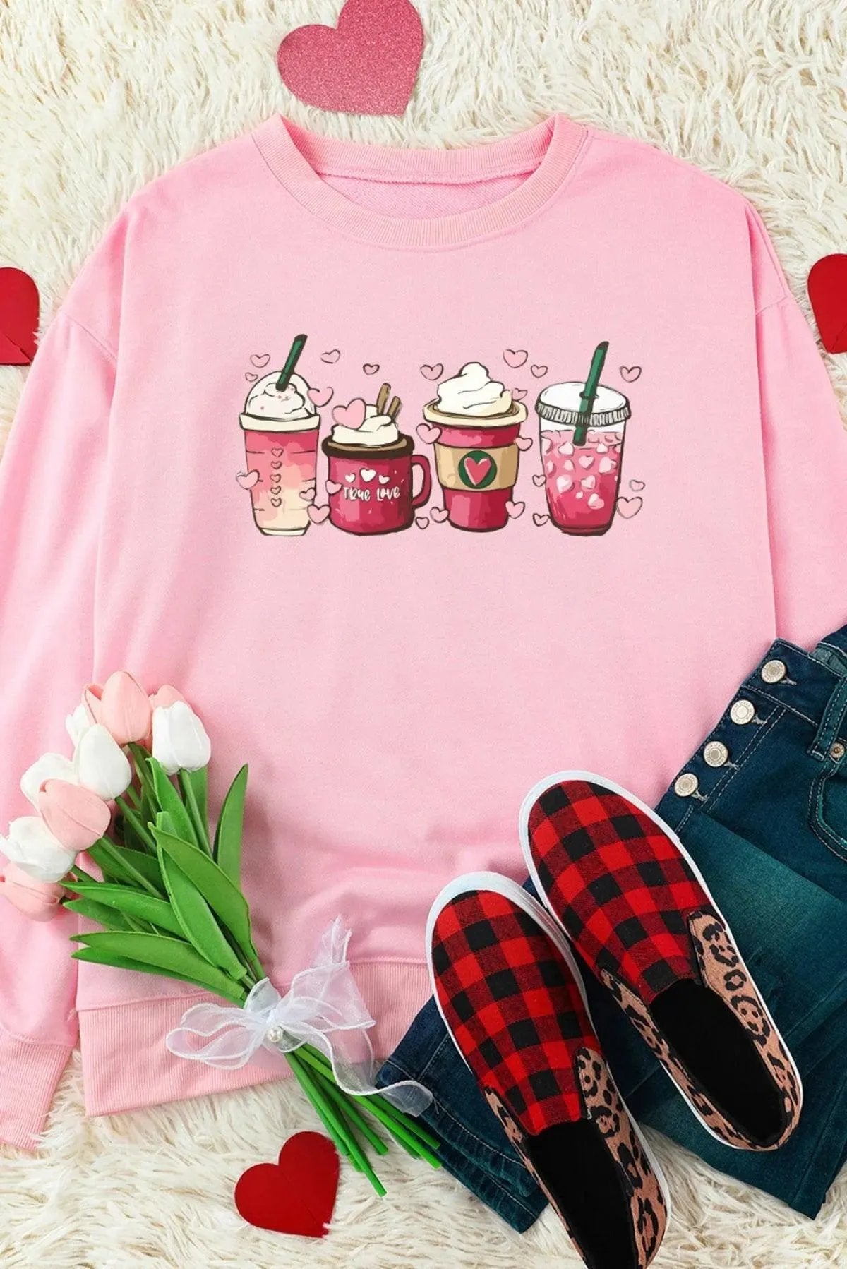 Pink Valentine Sweatshirt Sweet Drinking Graphic Print