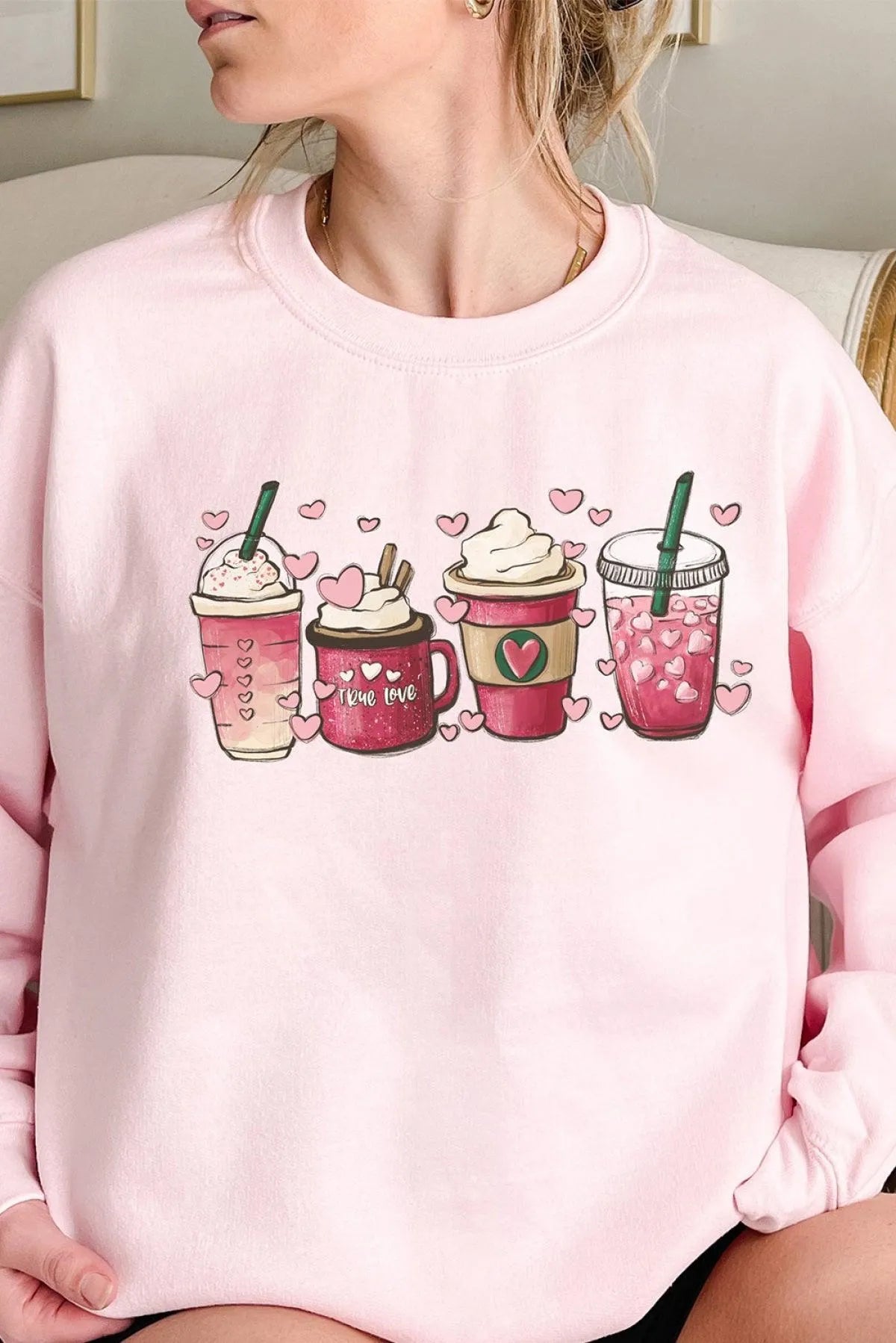 Pink Valentine Sweatshirt Sweet Drinking Graphic Print Jewelry Bubble