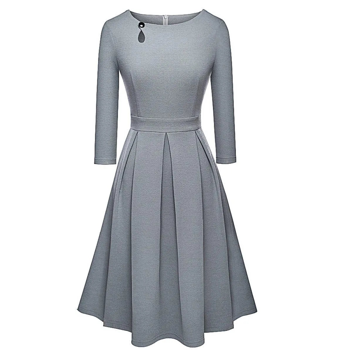 Pleated Round-neck With Button 3/4 Sleeve Mini Dress Jewelry Bubble