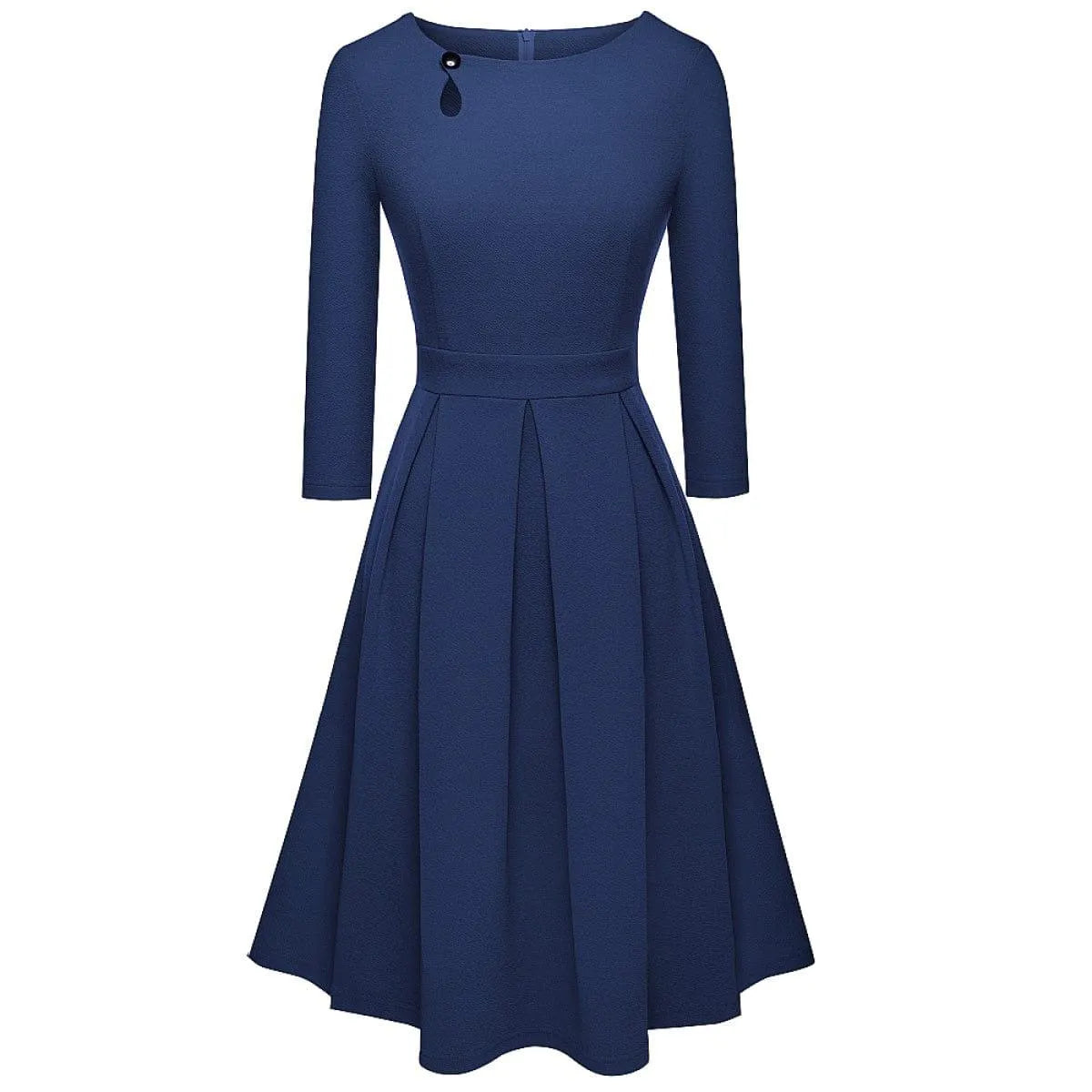 Pleated Round-neck With Button 3/4 Sleeve Mini Dress Jewelry Bubble