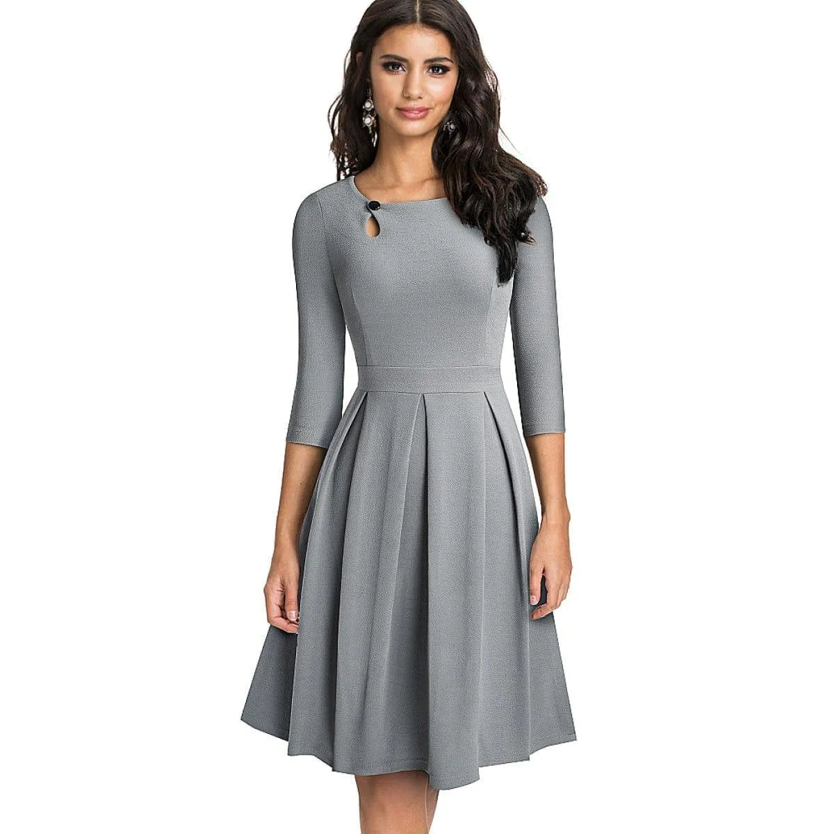 Pleated Round-neck With Button 3/4 Sleeve Mini Dress Jewelry Bubble