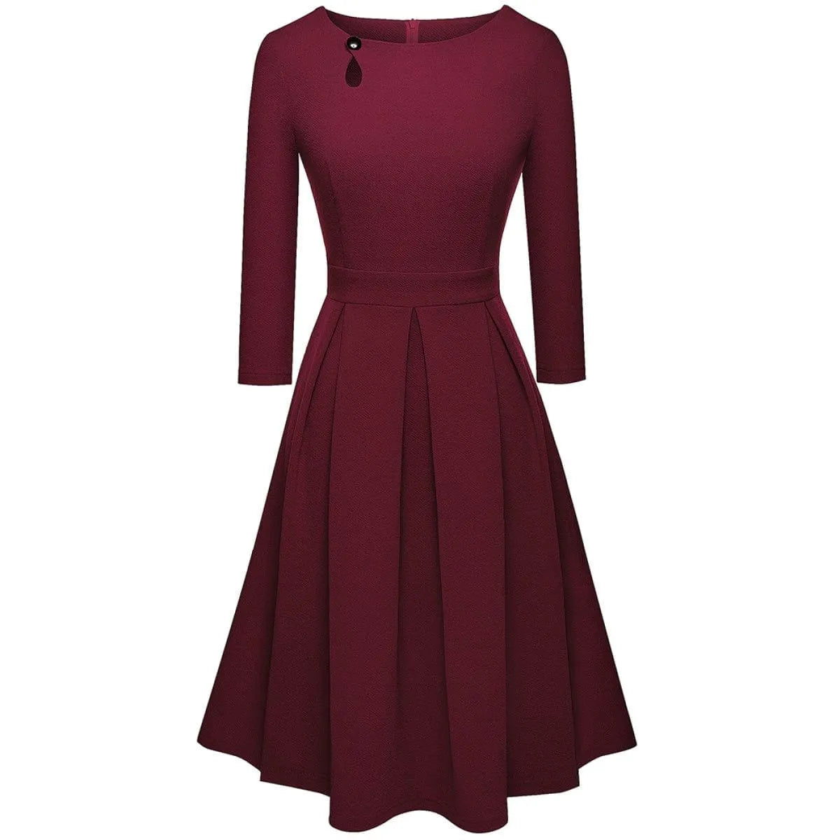 Pleated Round-neck With Button 3/4 Sleeve Mini Dress Jewelry Bubble