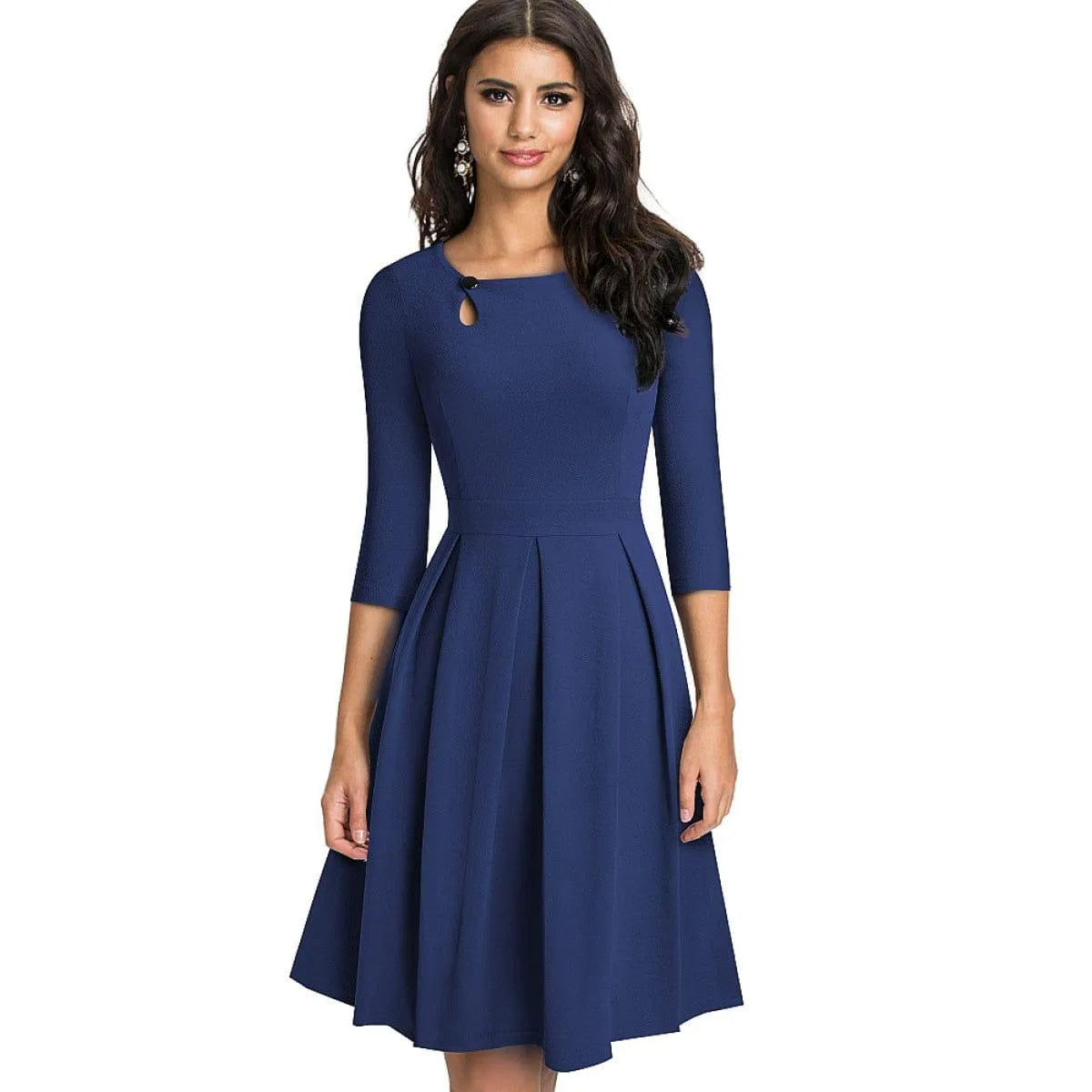 Pleated Round-neck With Button 3/4 Sleeve Mini Dress Jewelry Bubble