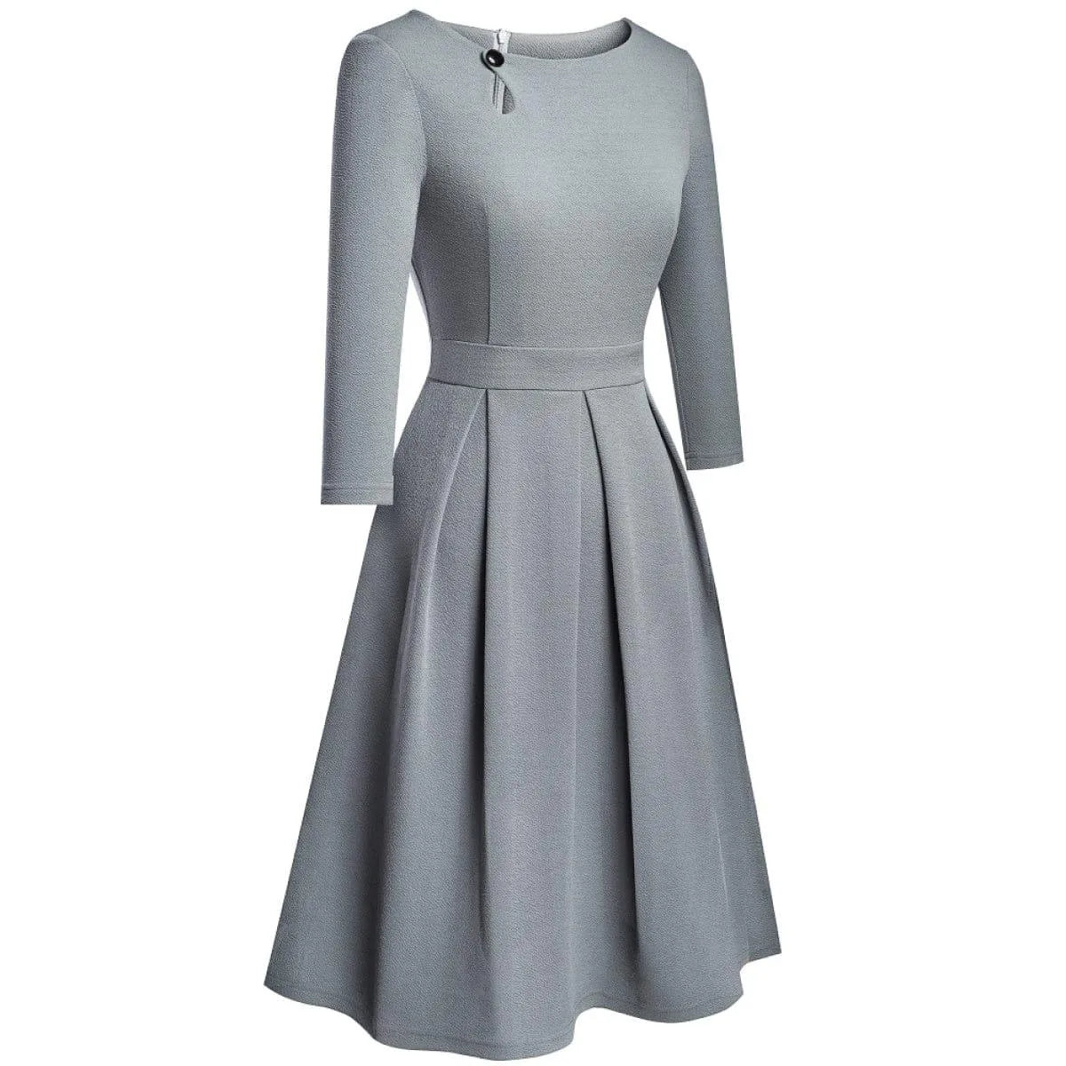 Pleated Round-neck With Button 3/4 Sleeve Mini Dress Jewelry Bubble