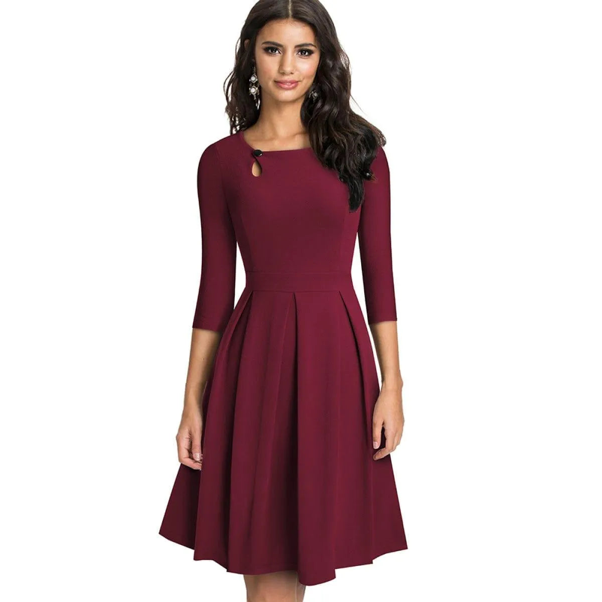 Pleated Round-neck With Button 3/4 Sleeve Mini Dress Jewelry Bubble