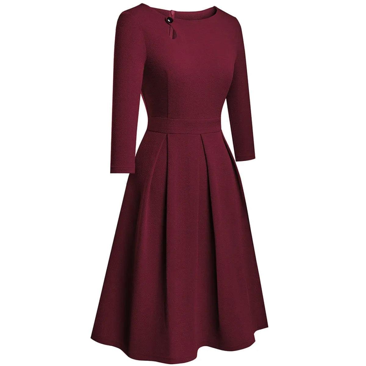 Pleated Round-neck With Button 3/4 Sleeve Mini Dress Jewelry Bubble