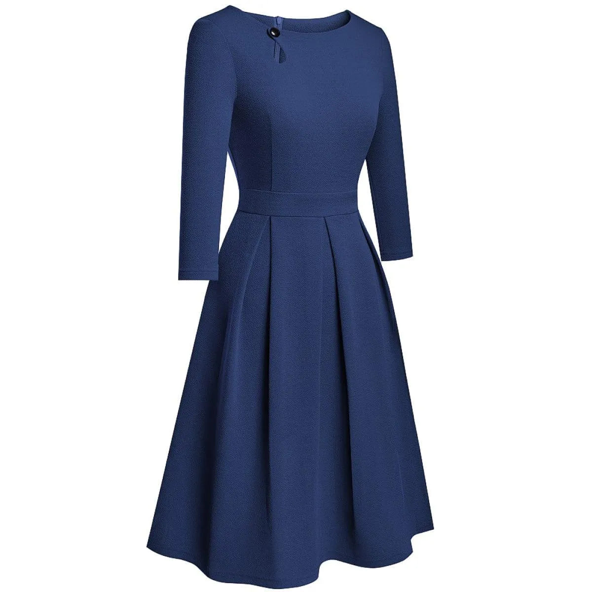 Pleated Round-neck With Button 3/4 Sleeve Mini Dress Jewelry Bubble