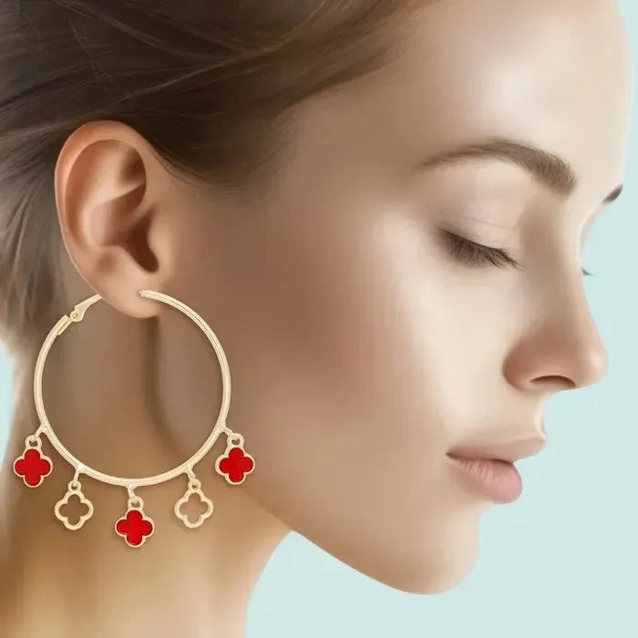 Radiant Gold Hoop Earrings with Red Clover Charms