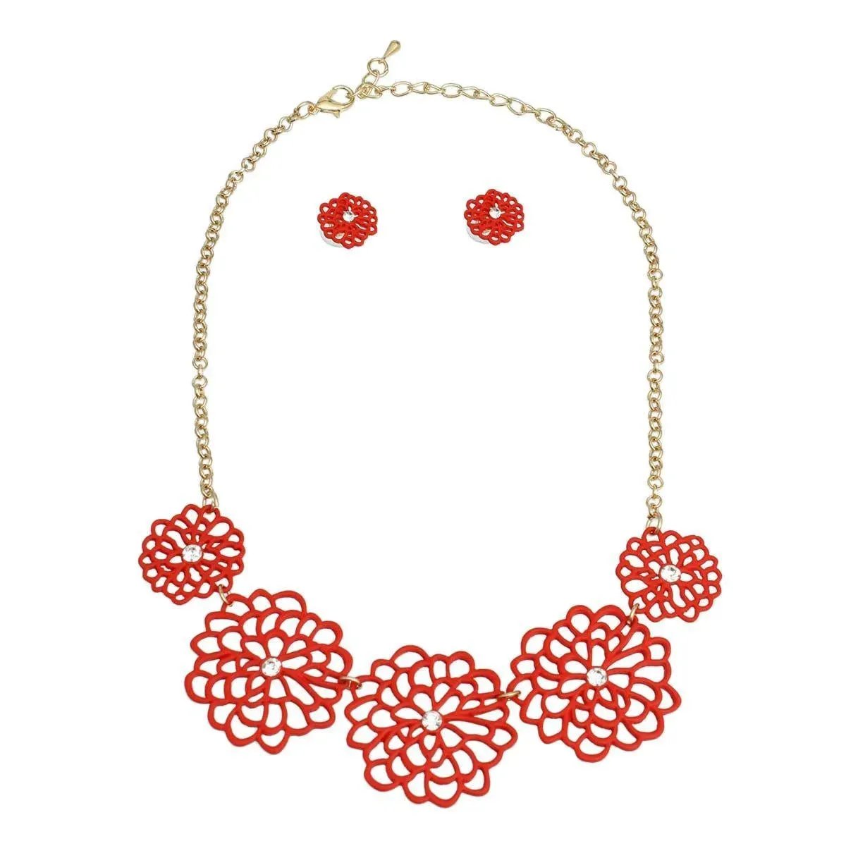 Red Flower Station Necklace Set - Add a Touch of Beauty to Your Look