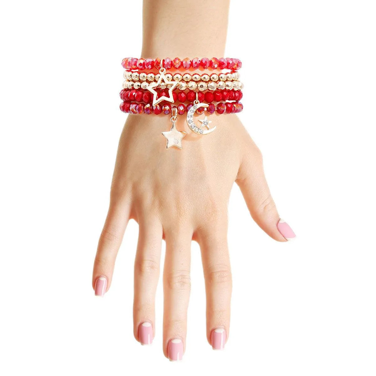 Red Glass and Gold Tone Star Charms Bracelet Set Pinktown