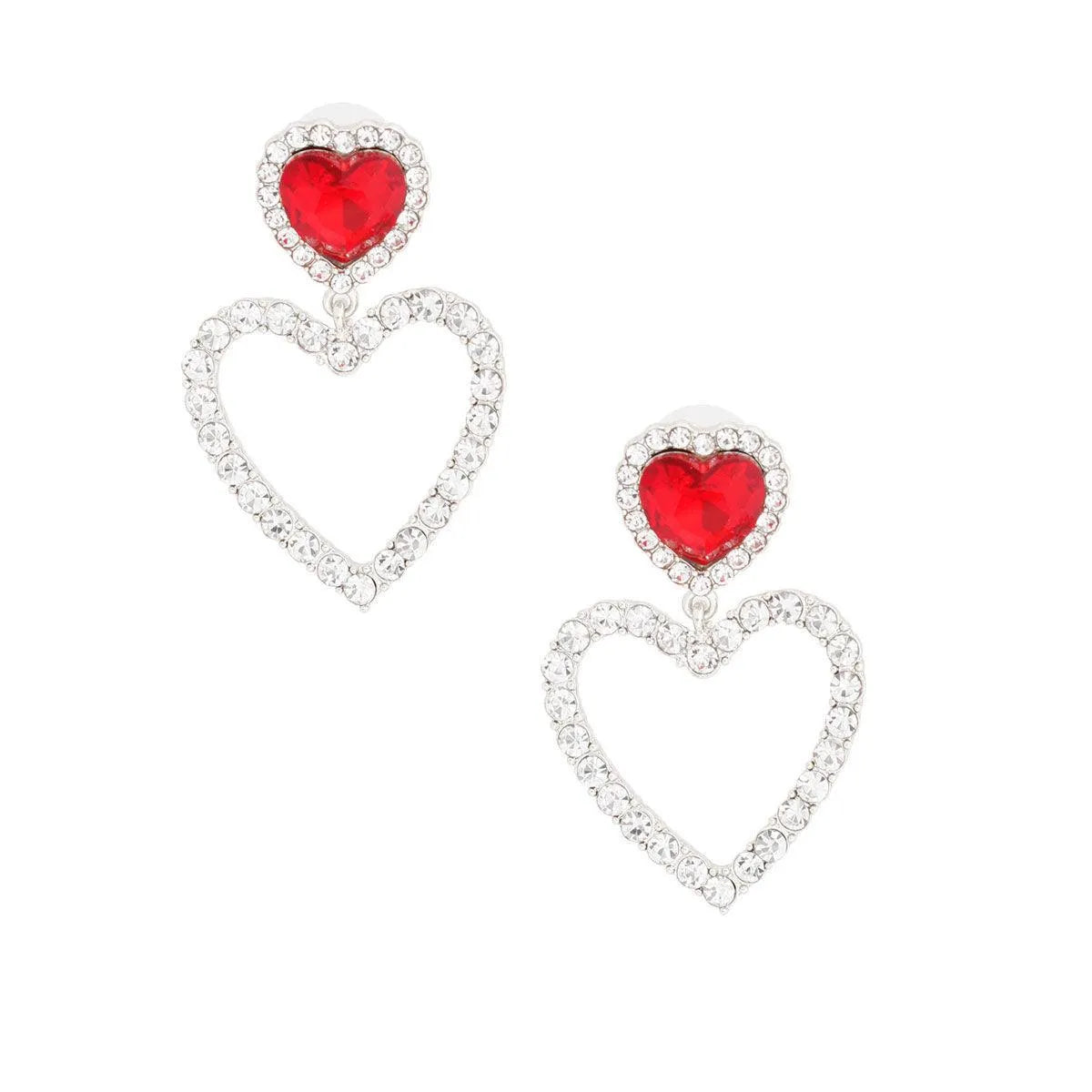 Red Heart Stud Earrings Dangle Open Love Silver Plated Pinktown