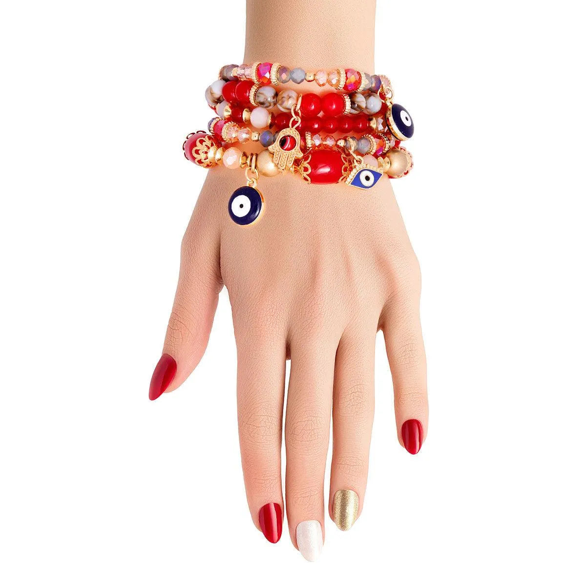Red Stack Bracelets Hamsa Hand Evil Eye Charm Pinktown