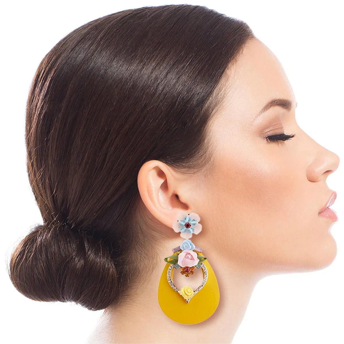 Rhinestone & Flower Stud Yellow Drop Earrings - Sparkle & Elegance Harmonized Pinktown