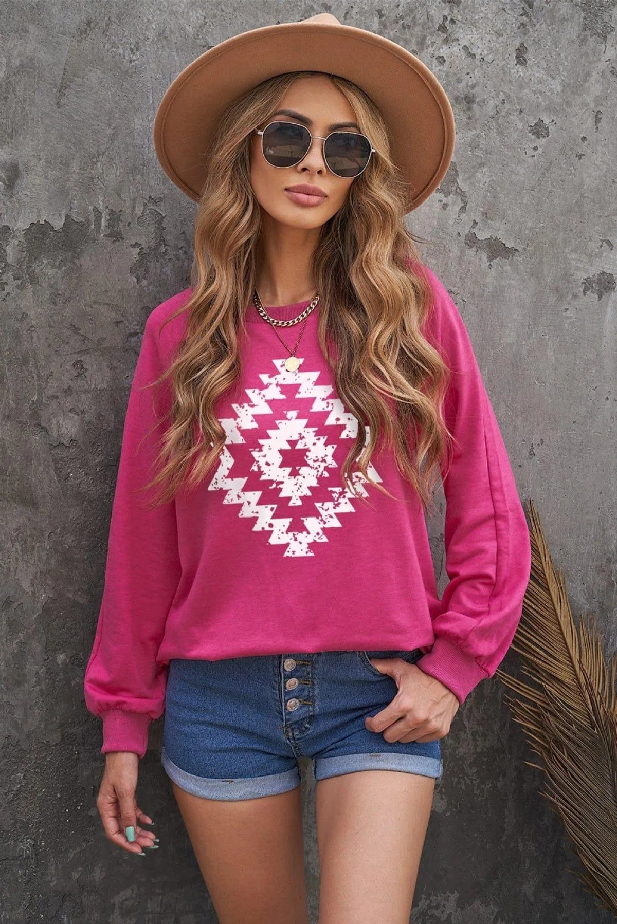 Rose Aztec Geometric Print Long Sleeve Pullover Sweatshirt Jewelry Bubble