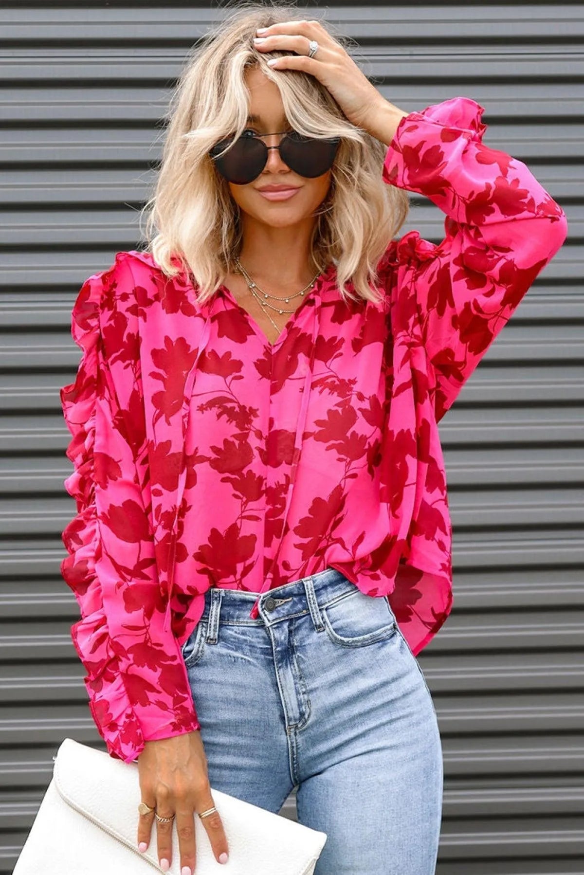 Rose Ruffled Floral Print Blouse Jewelry Bubble