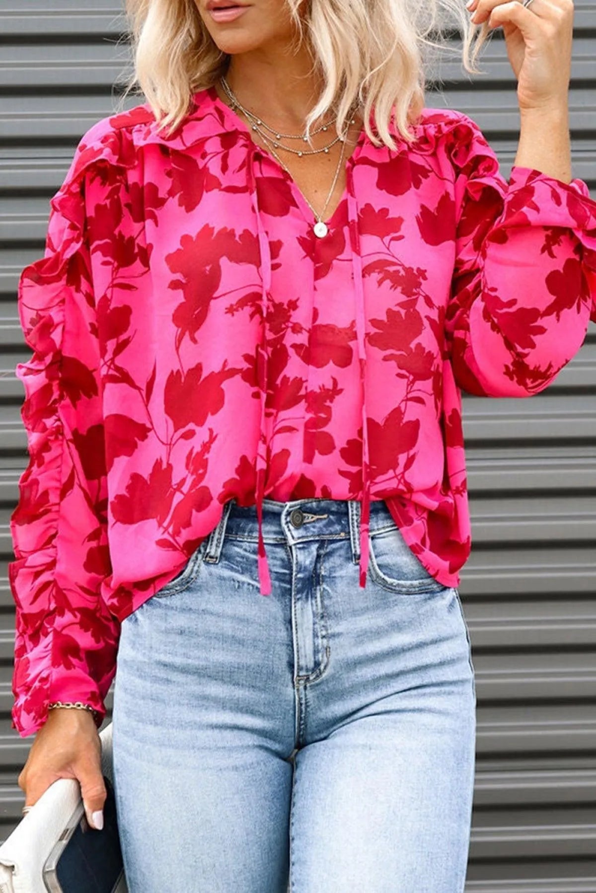 Rose Ruffled Floral Print Blouse Jewelry Bubble