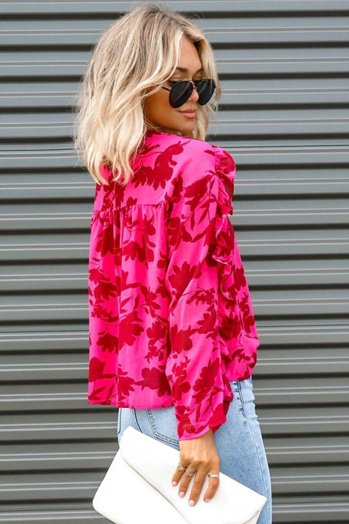 Rose Ruffled Floral Print Blouse Jewelry Bubble