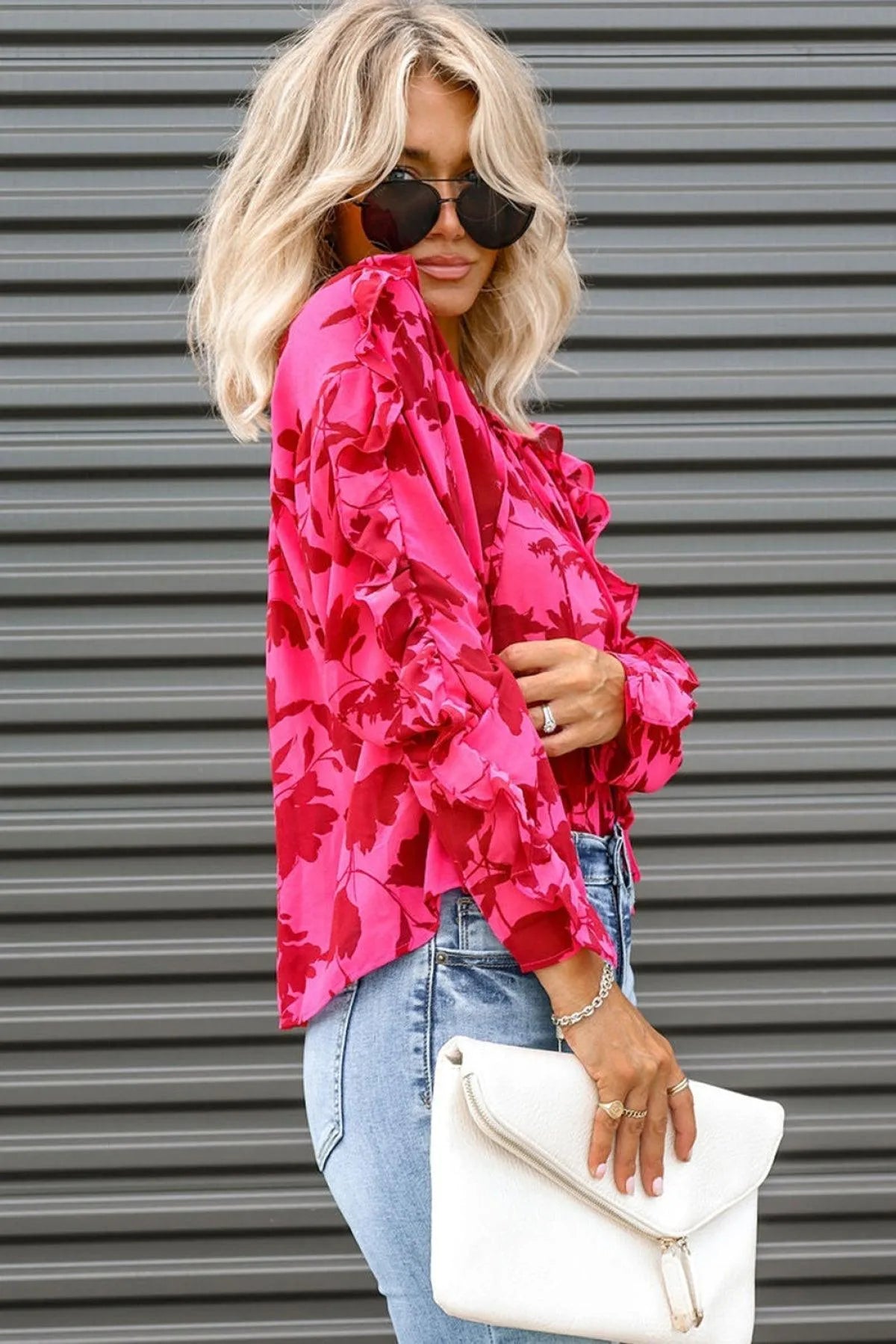 Rose Ruffled Floral Print Blouse Jewelry Bubble