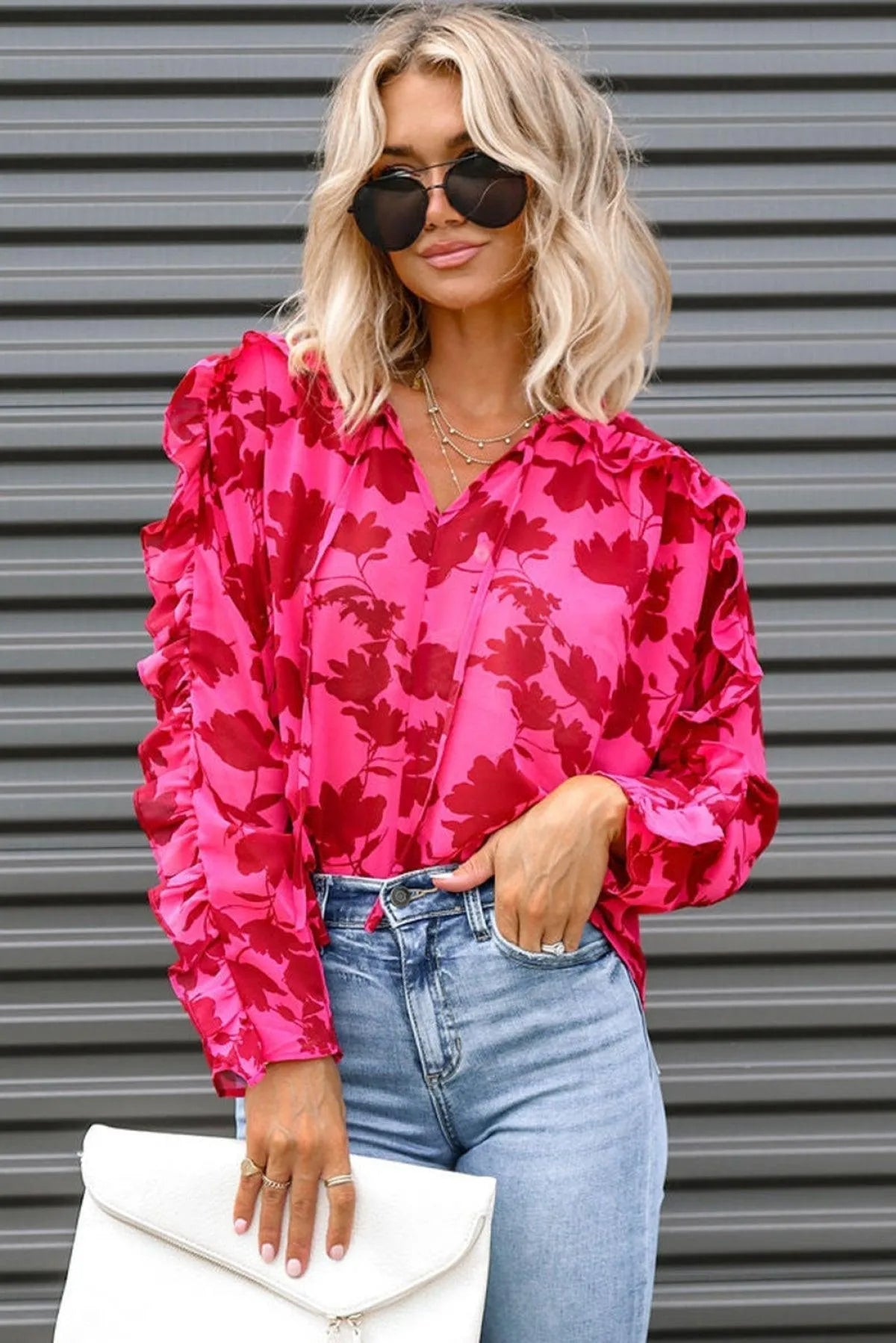 Rose Ruffled Floral Print Blouse Jewelry Bubble