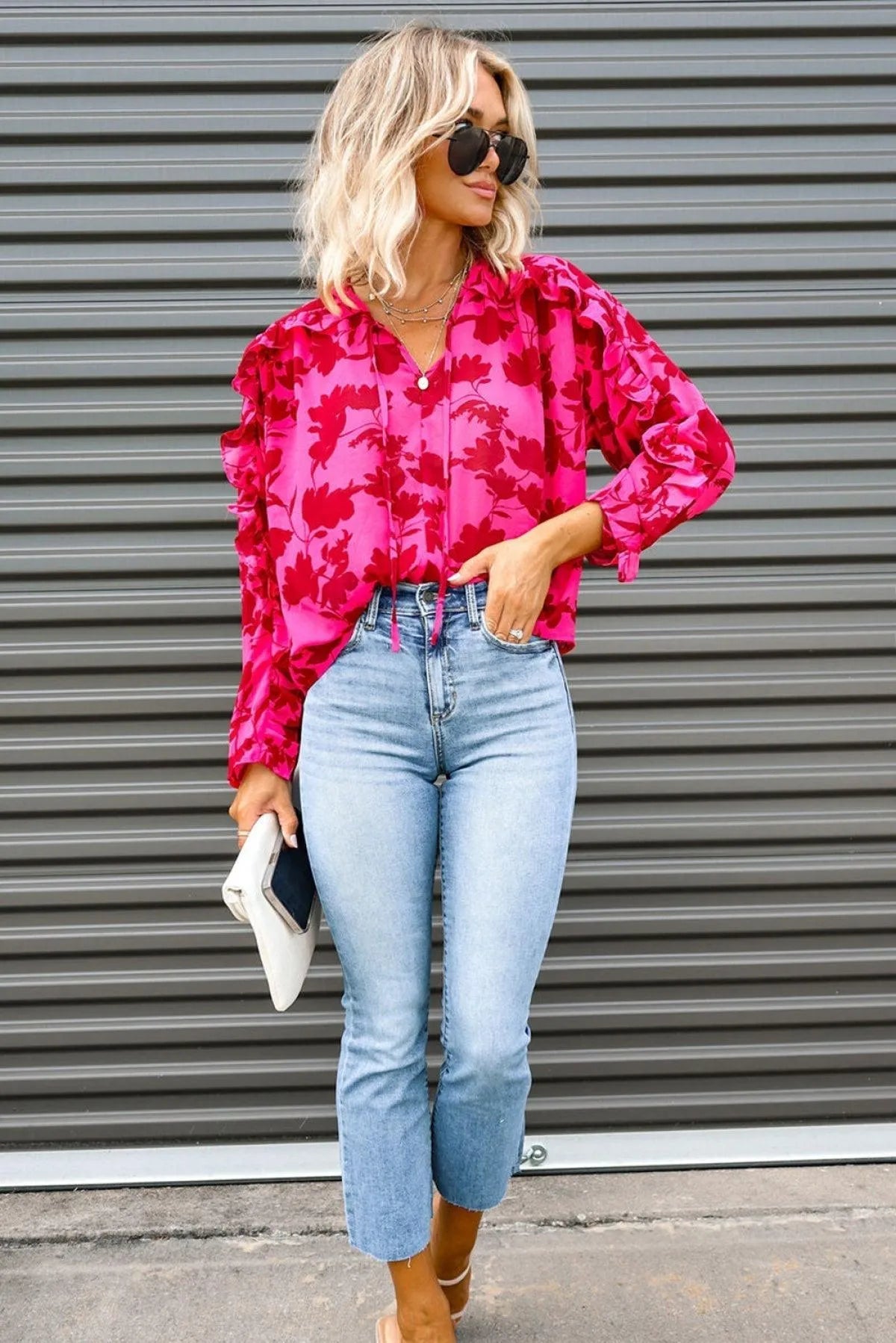 Rose Ruffled Floral Print Blouse Jewelry Bubble