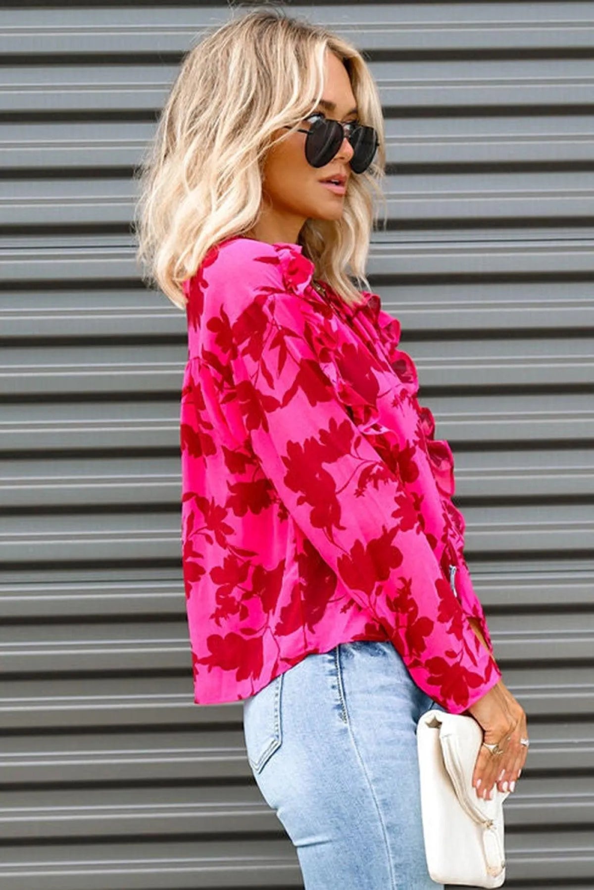 Rose Ruffled Floral Print Blouse Jewelry Bubble