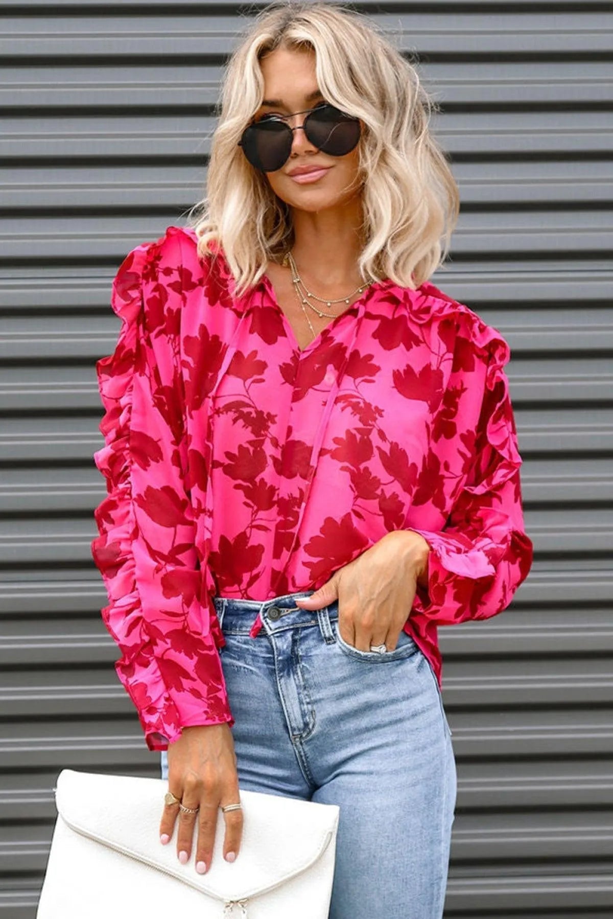 Rose Ruffled Floral Print Blouse Jewelry Bubble