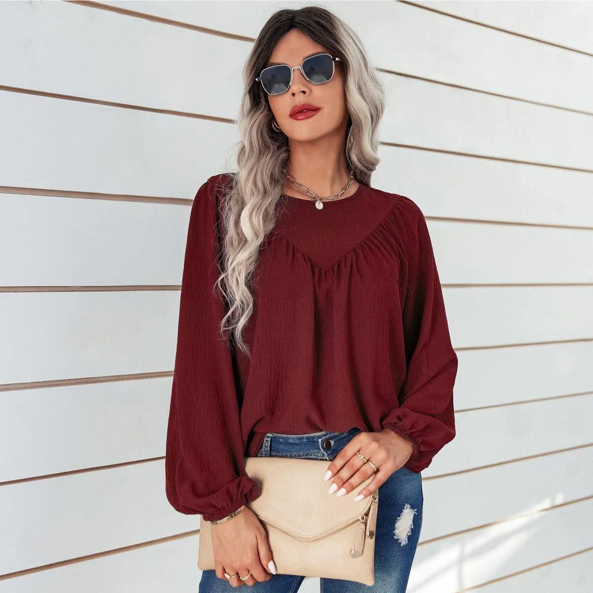 Round Neck Gathering Long Sleeve Top Jewelry Bubble