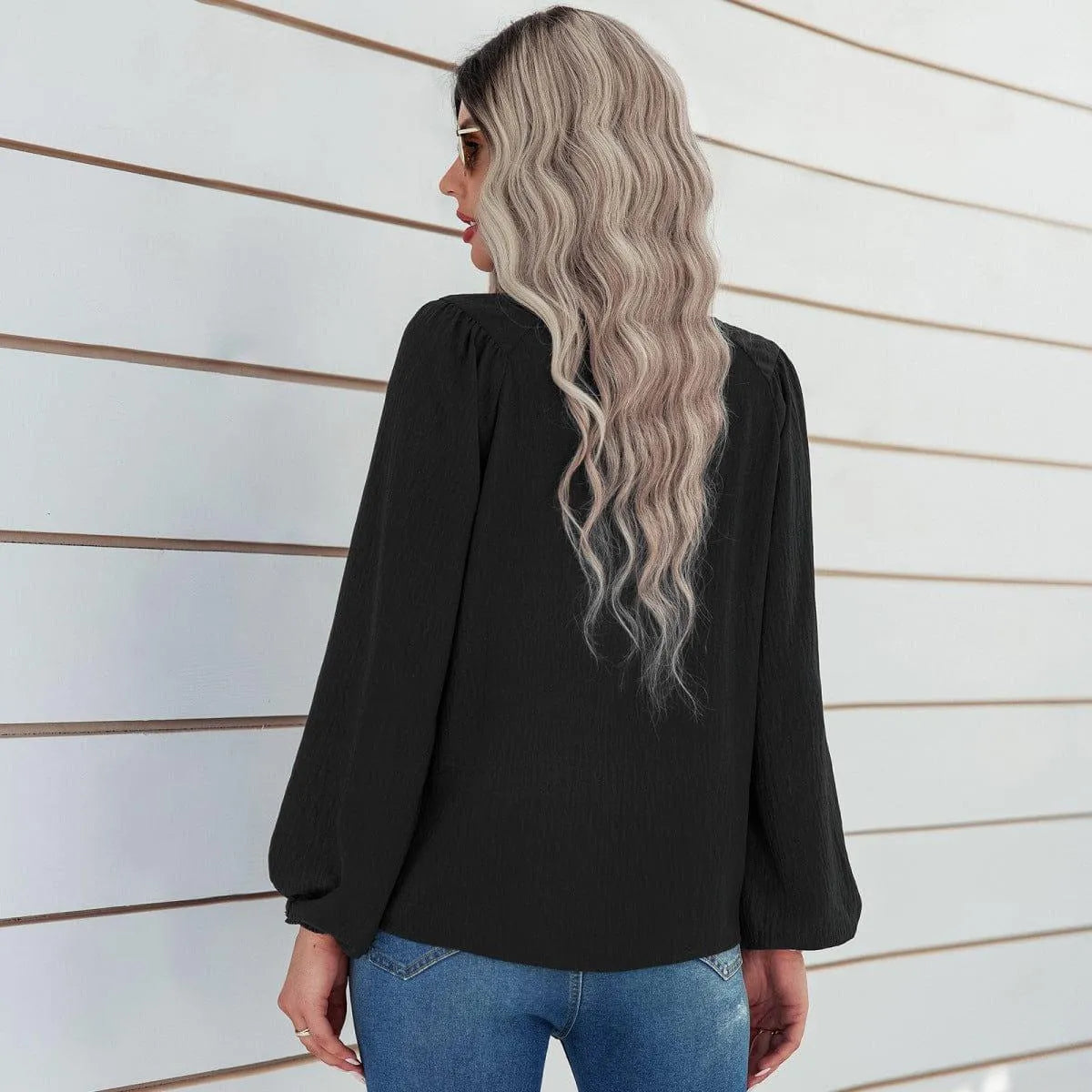 Round Neck Gathering Long Sleeve Top Jewelry Bubble